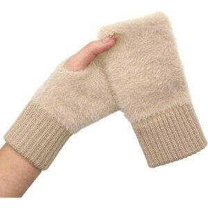 Women's Furry Knit Khaki Fingerless Half Finger Long Keeper Wrist Mitten Gloves